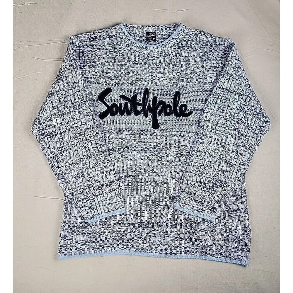 Southpole Knit Sweater Mens XL Blue Marled Streetwear Y2K Corduroy Logo Crewneck